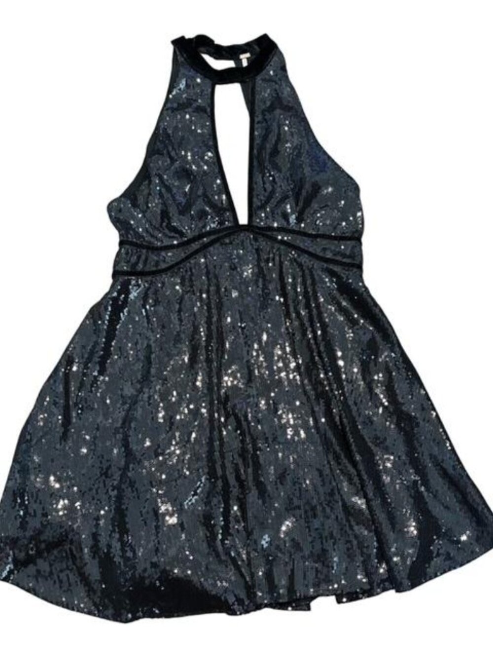 Free People Women's Black Sequin Mini Halter Dress Velour Detail Size 10